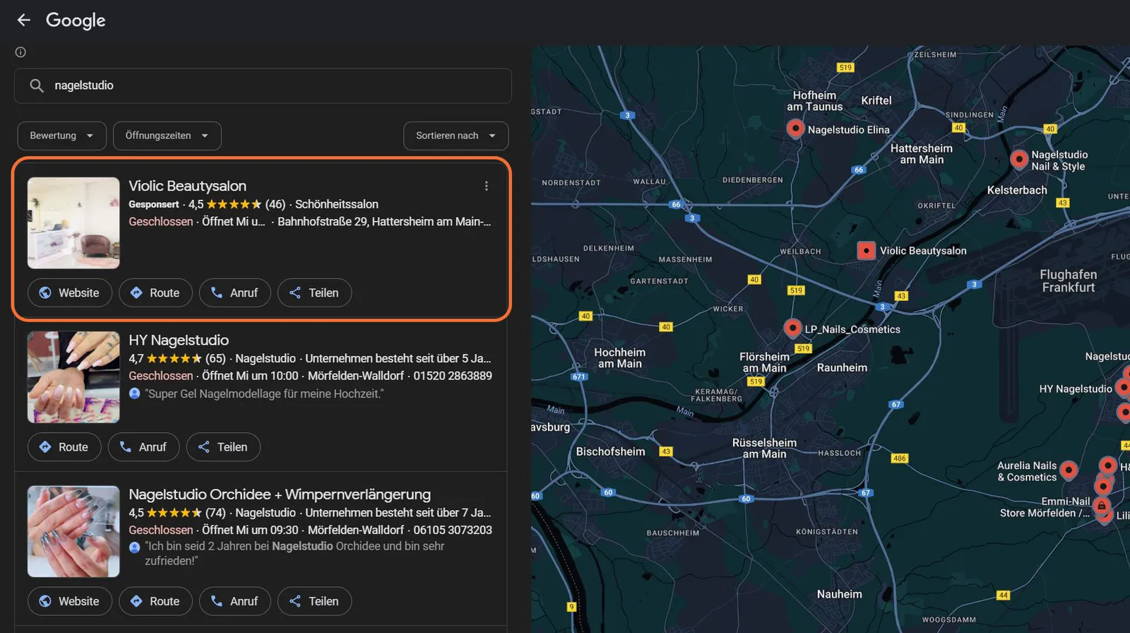 Screenshot einer bezahlten Anzeige auf Google Maps mit dem Label Gesponsert über den organischen Einträgen