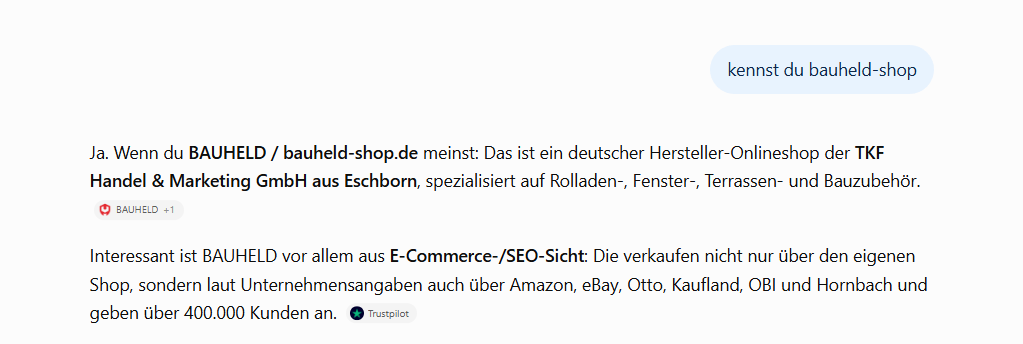 ChatGPT ordnet den Bauheld-Shop mit Firma, Sitz und Sortiment korrekt ein