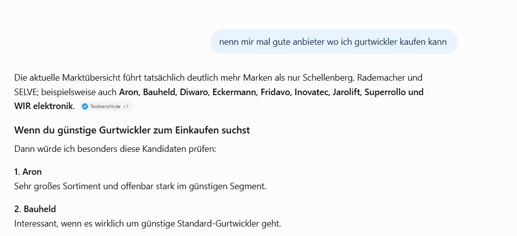 ChatGPT nennt Bauheld auf die Frage nach guten Anbietern für Gurtwickler