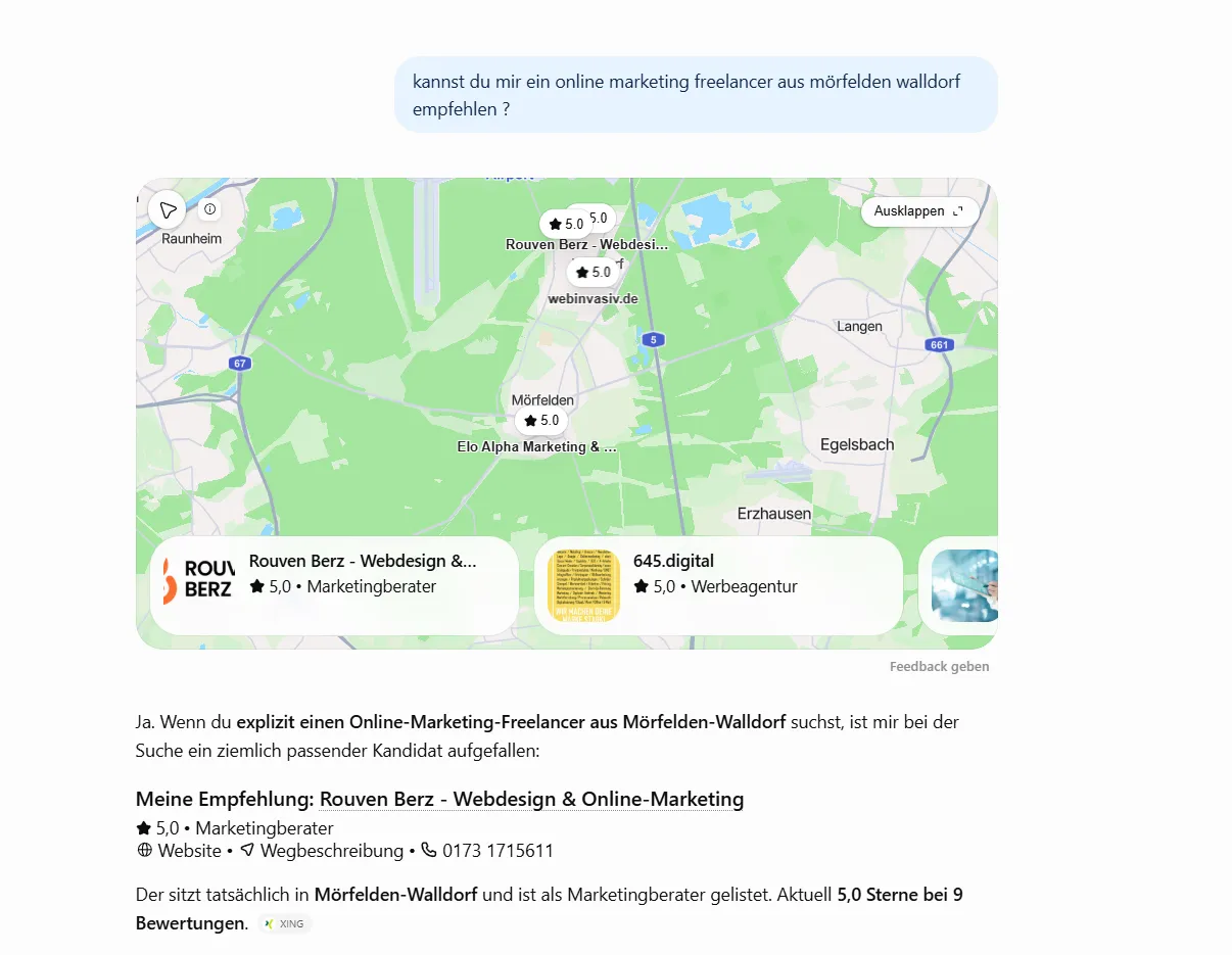 ChatGPT zeigt eine Karte mit Unternehmensprofilen und empfiehlt einen Online-Marketing-Freelancer aus Mörfelden-Walldorf
