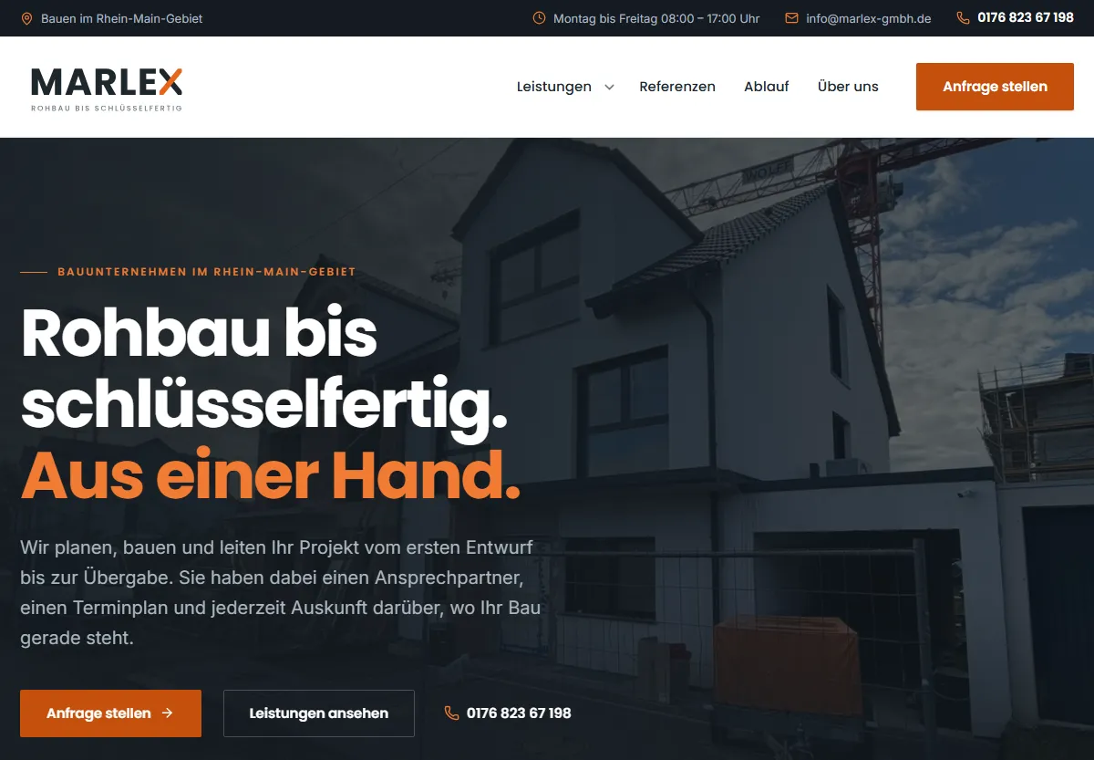 Startseite der Marlex GmbH mit Logo, Überschrift und Bildern von der Baustelle