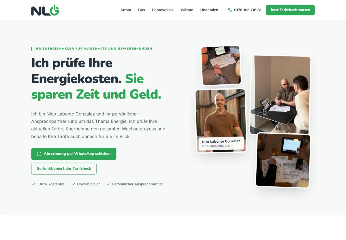 Startseite von NLG Energiepartner mit Logo, Überschrift und Fotos aus der Beratung