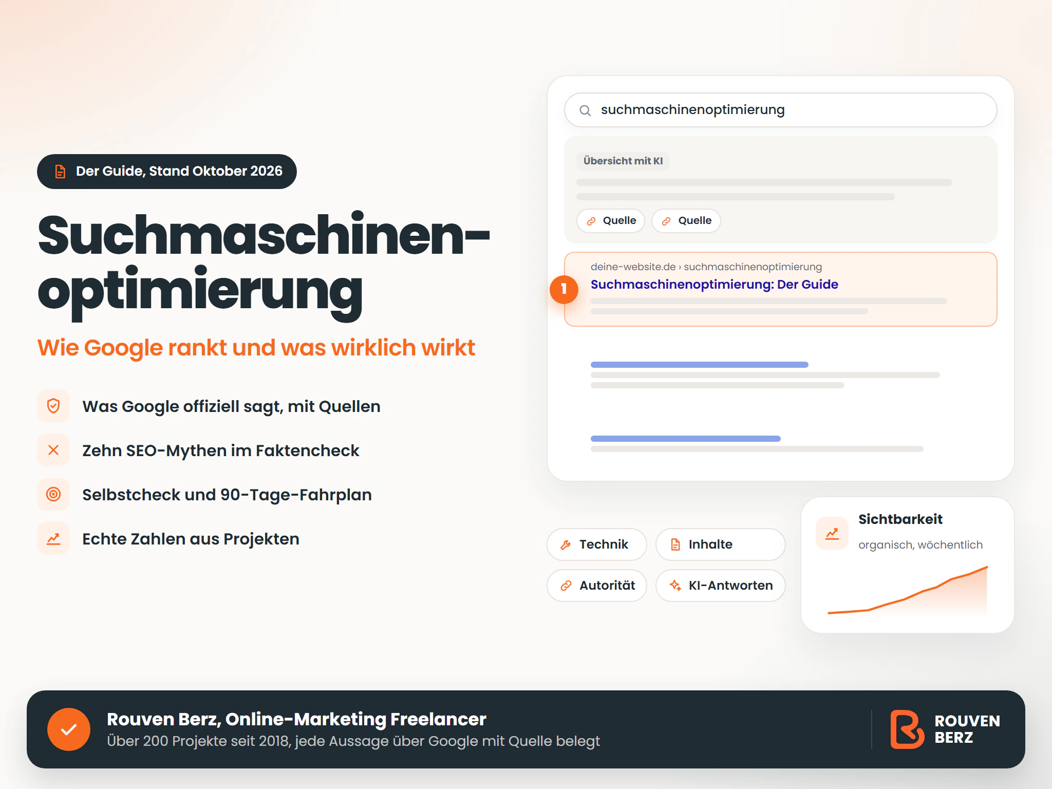 Titelbild: Suchmaschinenoptimierung, der Guide von Rouven Berz. Wie Google rankt und was wirklich wirkt, mit Quellen, Mythen-Check, Selbstcheck und 90-Tage-Fahrplan.