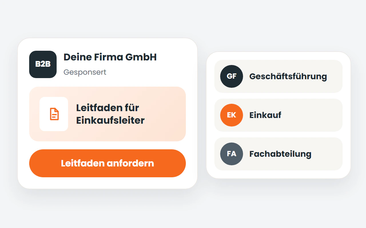 Illustration: Online-Marketing für B2B-Unternehmen mit einer Anzeige für einen Fachleitfaden und mehreren Entscheidern im Unternehmen.