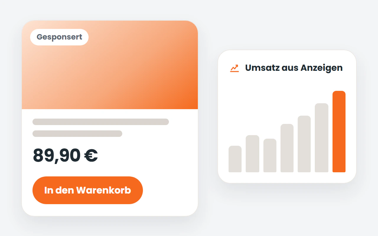 Illustration: Online-Marketing für Onlineshops mit einer Produktseite samt Warenkorb-Button und steigendem Umsatz aus Anzeigen.