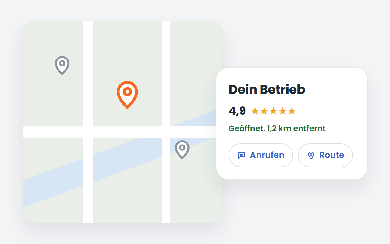 Illustration: Online-Marketing für regionale Unternehmen mit einem Kartenausschnitt und einem Google Unternehmensprofil mit 4,9 Sternen.