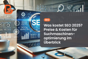 Laptop mit einer Lupe auf dem Bildschirm, die das Wort „SEO“ vergrößert, umgeben von digitalen Marketing-Elementen und Analysen.